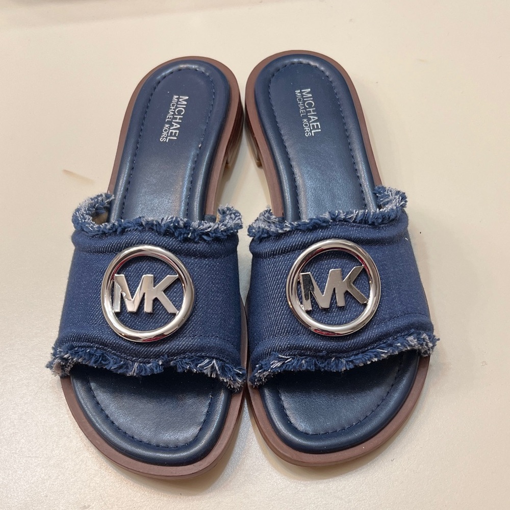 Michael Kors Denim Blue Slides with Silver Logo